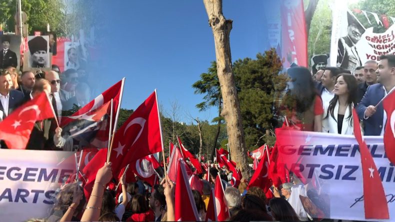 Ellerinde bayraklar yüzlerce kişi Dolmabahçe’de Mustafa Kemal Yürüyüşü’nde