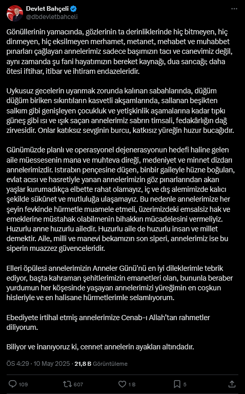 Devlet Bahçeli Anneler Günü Mesajı