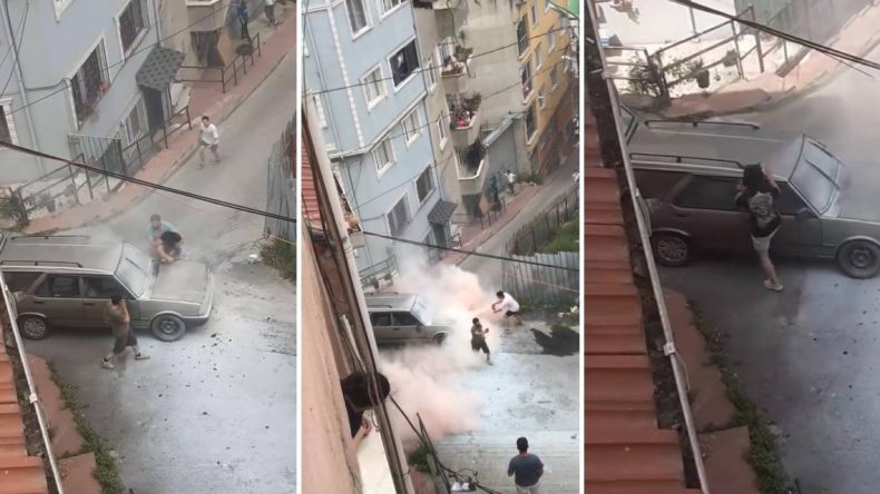 Otomobil Yangınında Sinir Krizi! Parçalamaya Çalıştı