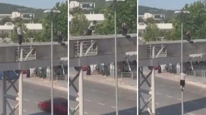 Şaşkınlık Yaratan Olay: Üst Geçitten Elektrik Direğine Atlarken Görüntülendi