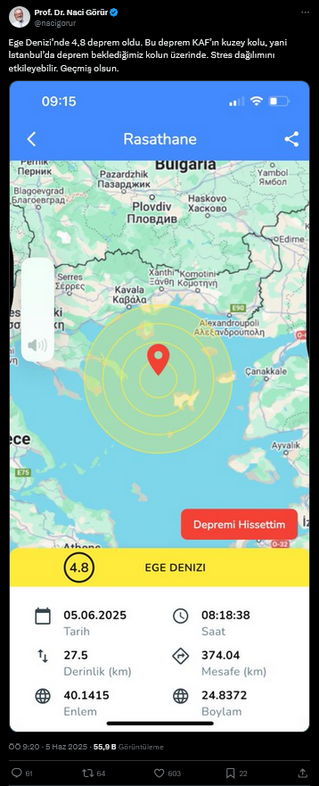 Naci Görür Ege Denizi'nde deprem hakkında bilgi veriyor.