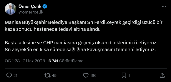 Ferdi Zeyrek için geçmiş olsun mesajı