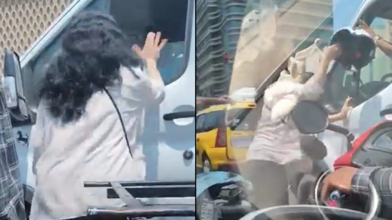 Trafikte kendisini sıkıştıran kamyonet şoförüne kaskla saldırdı