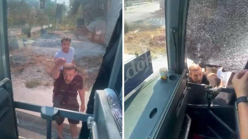 Turistleri Taşıyan Otobüsün Önünü Kesip Şoförü Taşladılar