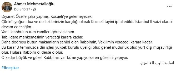 Mehmetalioğlu Açıklama